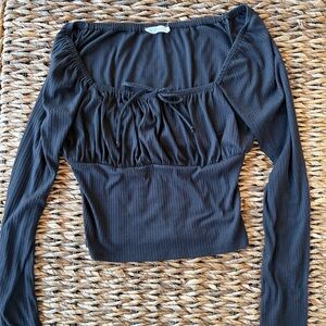 Lush Black Ribbed Square-Neck Long Sleeve Top